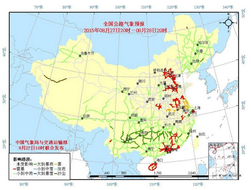 全国主要公路气象预报(8月27日20时至8月28日