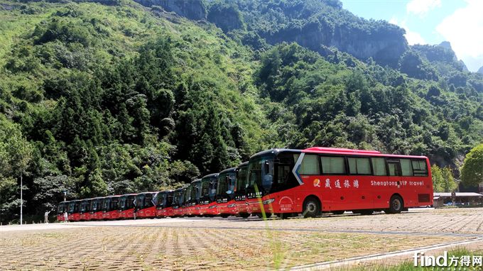 整齐排列在天门山景区前的中通单挡世嘉客车