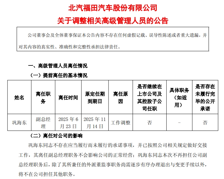 福田汽车高层大变！巩海东离任 新聘两位副总
