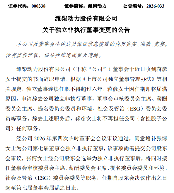潍柴动力（000338）高层人事变动！