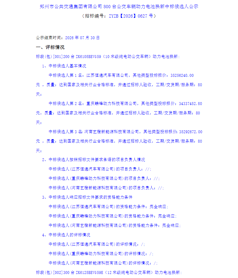 800台公交动力电池换新！中标候选公示