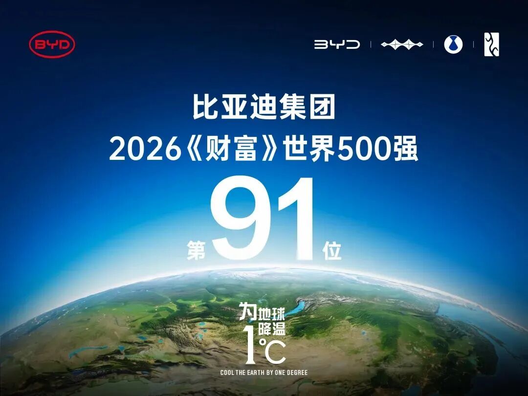 稳居全球百强 比亚迪位列2026年《财富》世界500强第91位