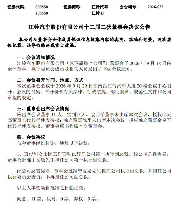 江铃汽车（000550）高管调整落定！丁文敏、曾发发履新