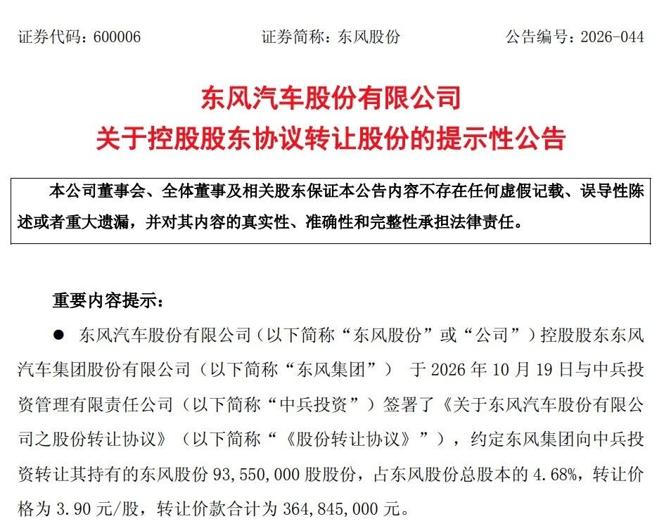 东风股份（600006）宣布转让4.68%股权！